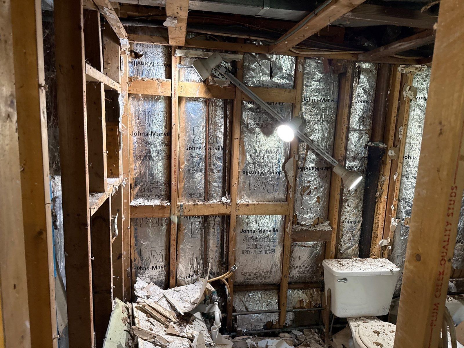 A mold-damaged bathroom opened up during remediation