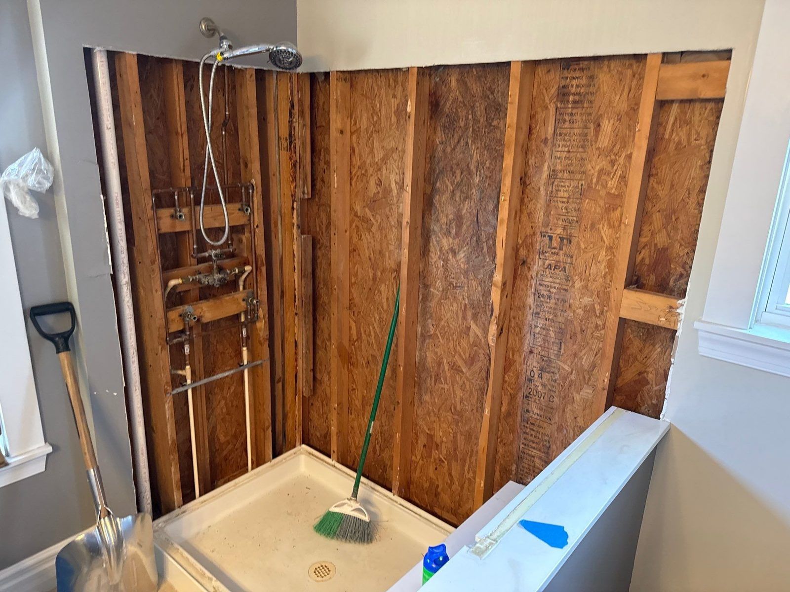 During: the shower opened to the studs