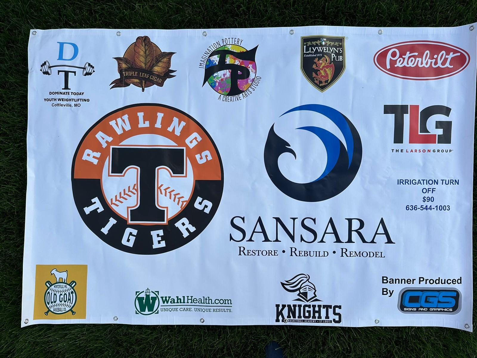 A youth baseball team banner Sansara sponsors